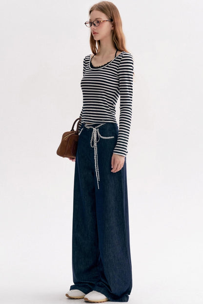 Lace Panel Bow Wide-Leg Jeans