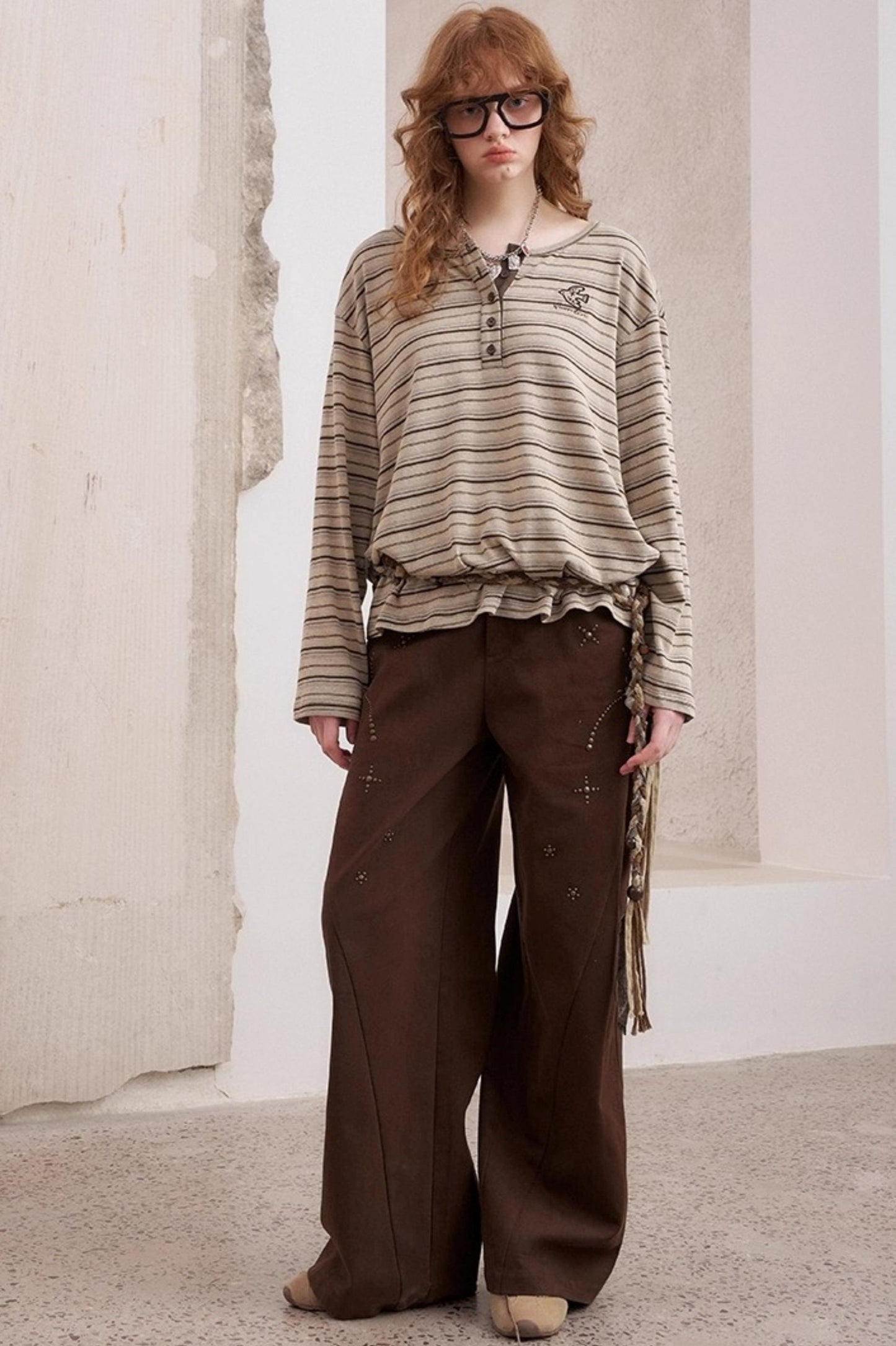 Striped Loose Crew Neck Embroidered T-Shirt