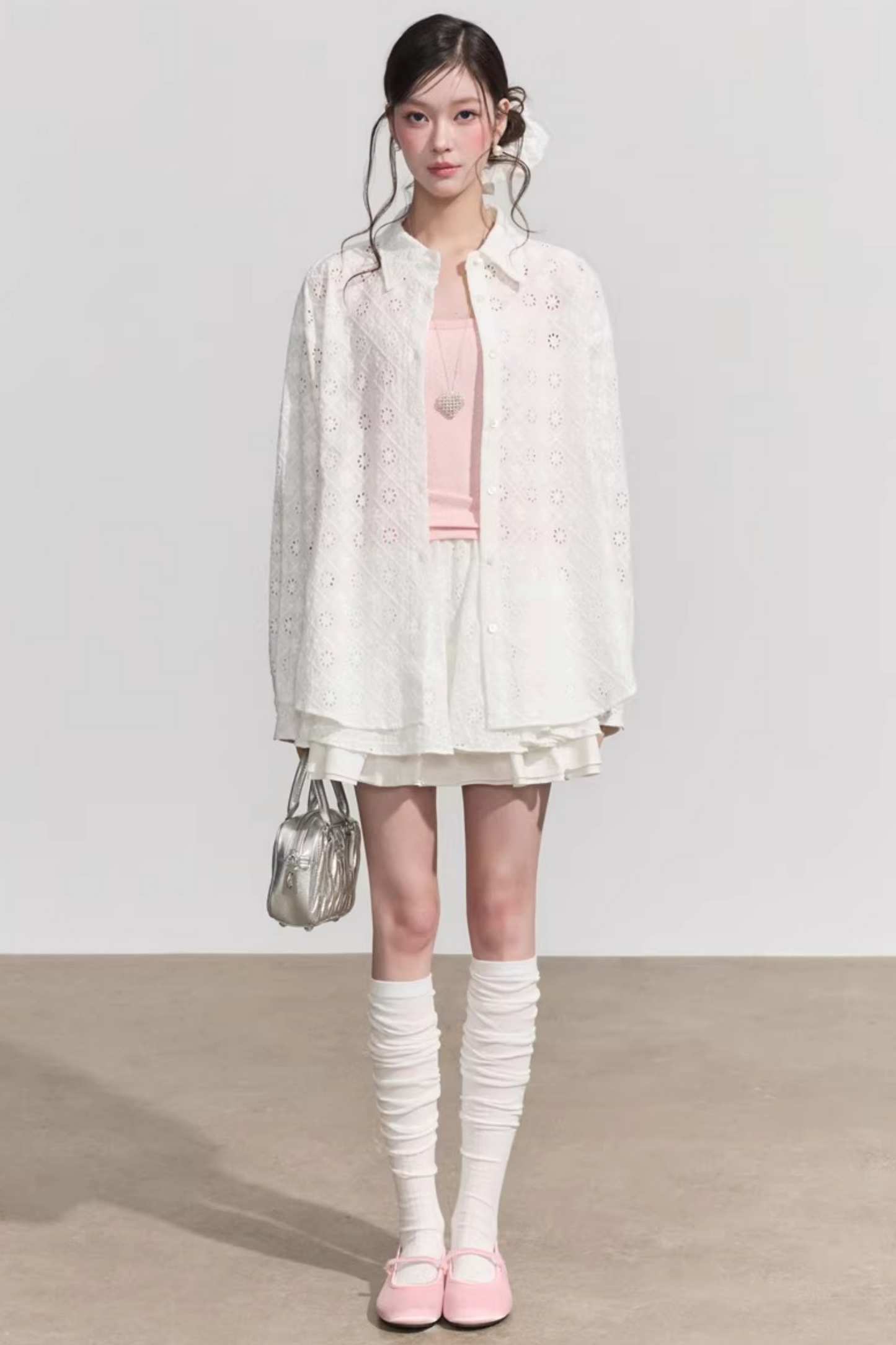 Elegant Hollow-Out Lace Blouse & A-Line Skirt Set-Up
