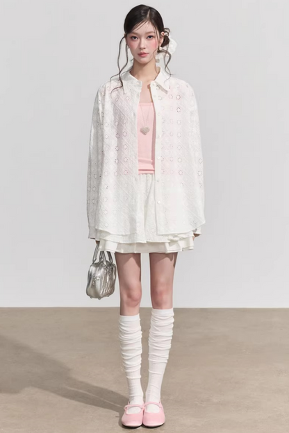 Elegant Hollow-Out Lace Blouse & A-Line Skirt Set-Up