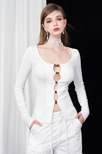 Color Beaded U-Neck Long Sleeve Tee