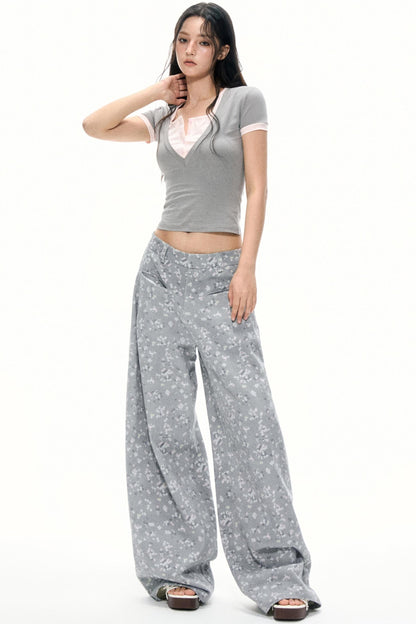 Gray Floral Wide-Leg Pants