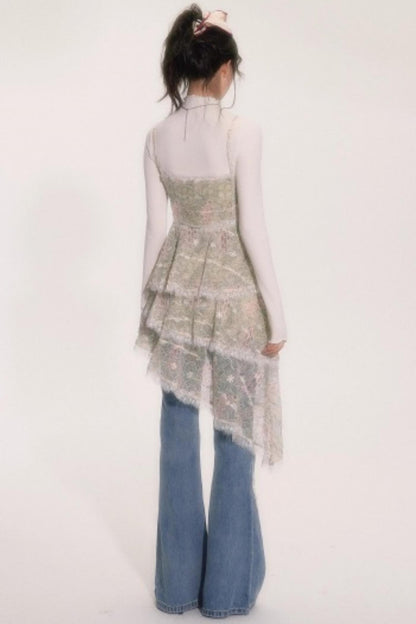 Embroidered Lace Ruffle Dress