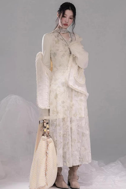 Sheer Apricot Mesh Dress Set