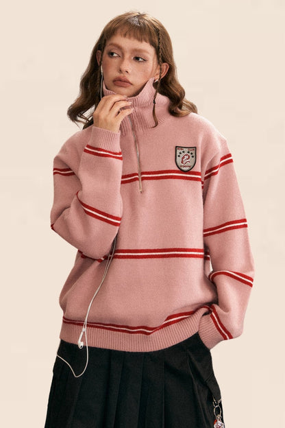 EZEK Amerikanischer Retro-Pullover mit halbem Reißverschluss und Kontrastmuster Pre-Fall Neu Pullover Rollkragenpullover Strickjacke