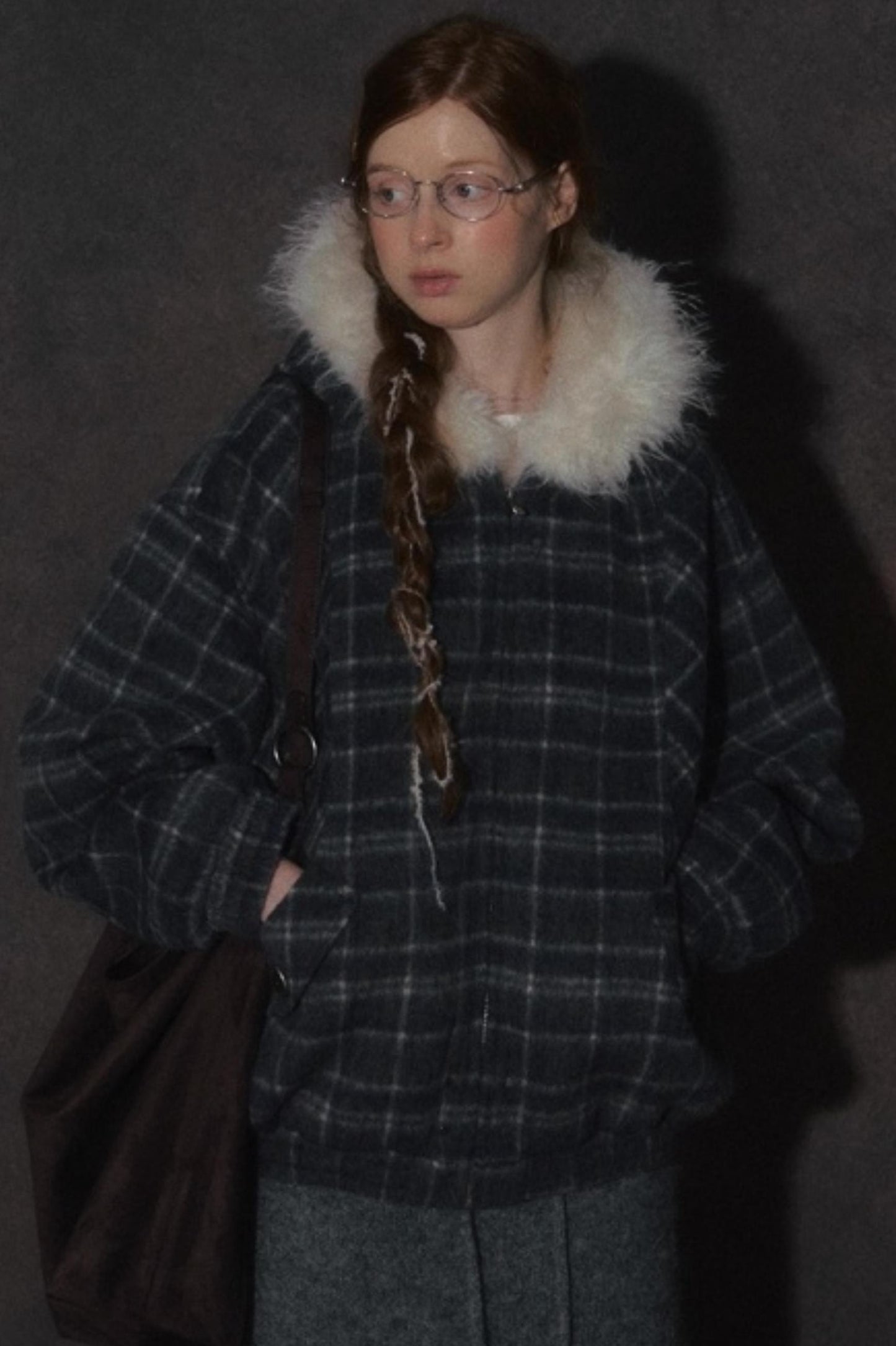 Elk Fur Collar Plaid Woolen Jacket
