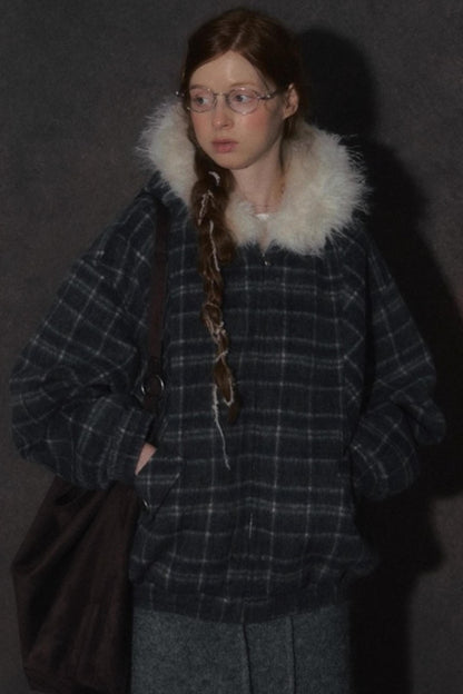 Elk Fur Collar Plaid Woolen Jacket