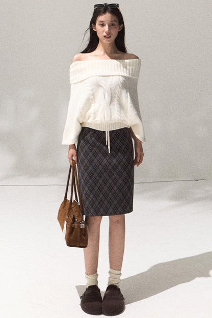 Wool Twist Knit Cape Sweater Top Skirt Set-Up