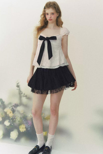 Square Neck Bow Lace Top