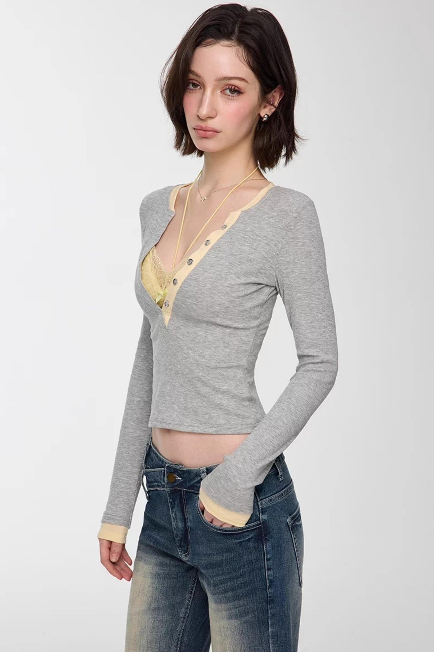 Color-Blocked Deep V-Neck Top Set-Up