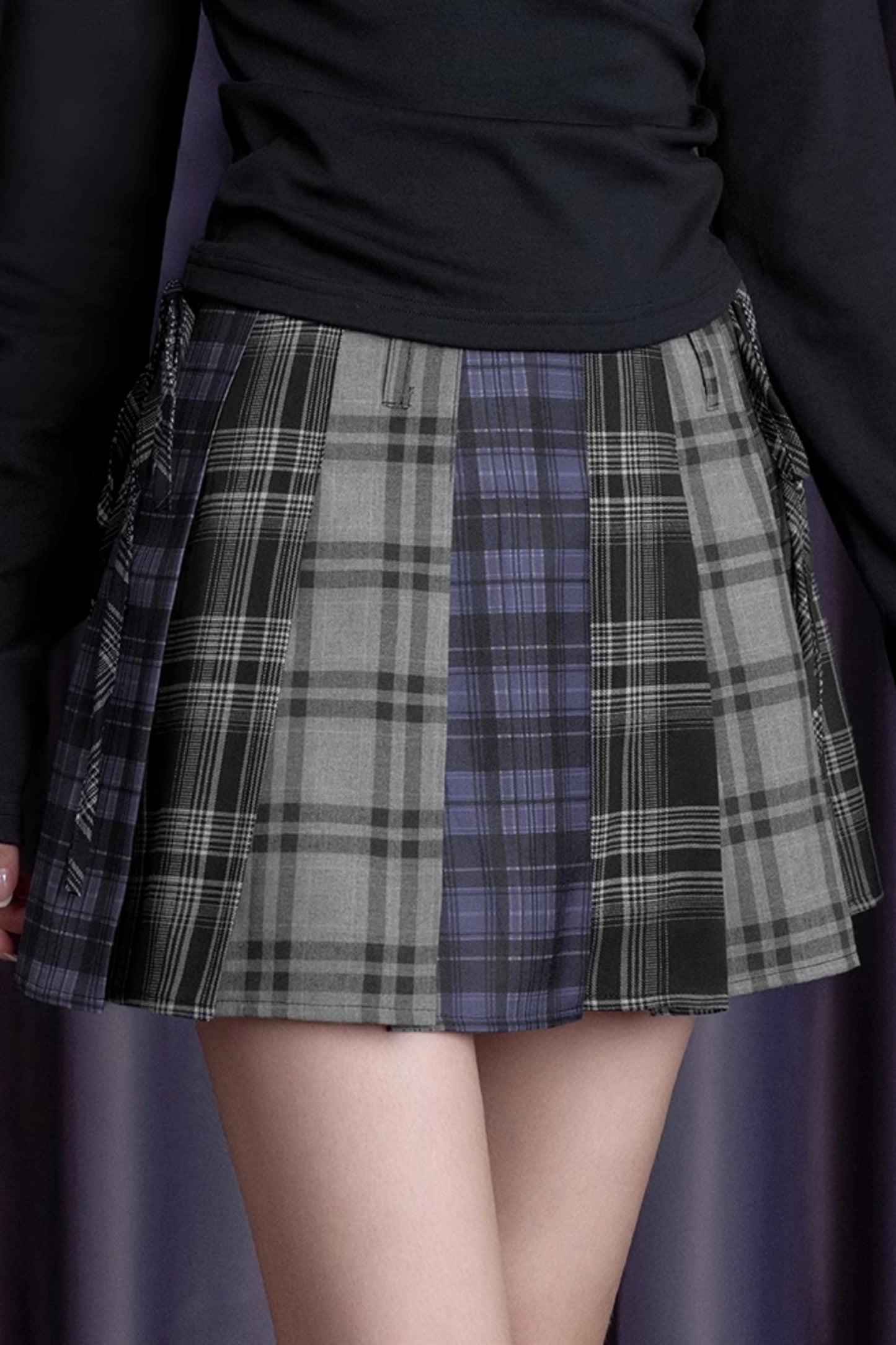 Blue and Gray Plaid High Waist Skirt