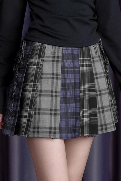 Blue And Gray Plaid High Waist Skirt