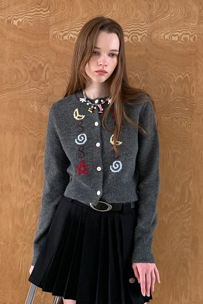 DIDDI MODA Stern und Mond Muster Strickjacke weich klebrig hautfreundlich Kontrast Design Atmosphäre Herbst und Winter Jacke Frauen