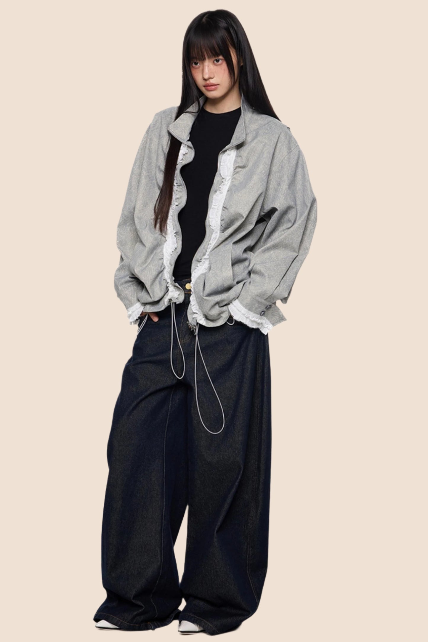 Loose Fit Pleated Lace Zip Jacket