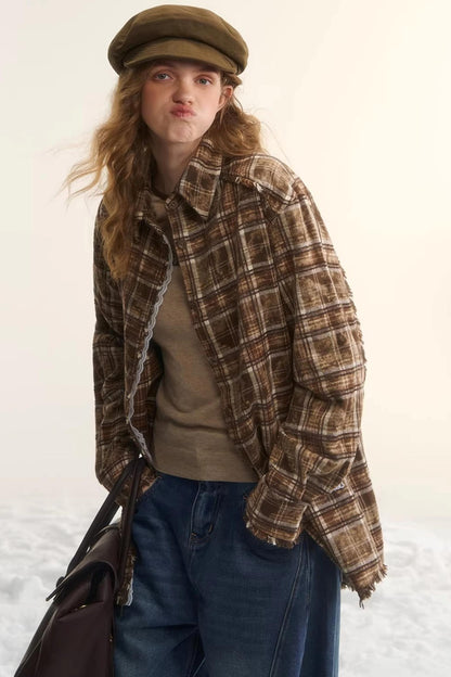 Lace-Trimmed Plaid Shirt