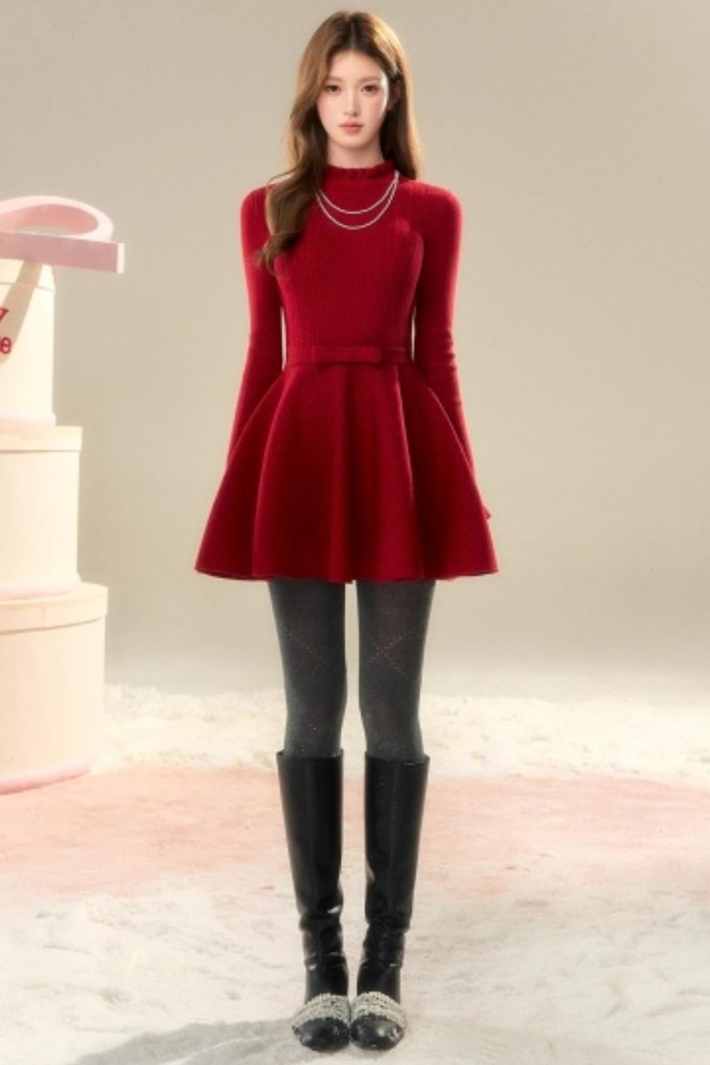 Lace High-Neck Knitted Dress