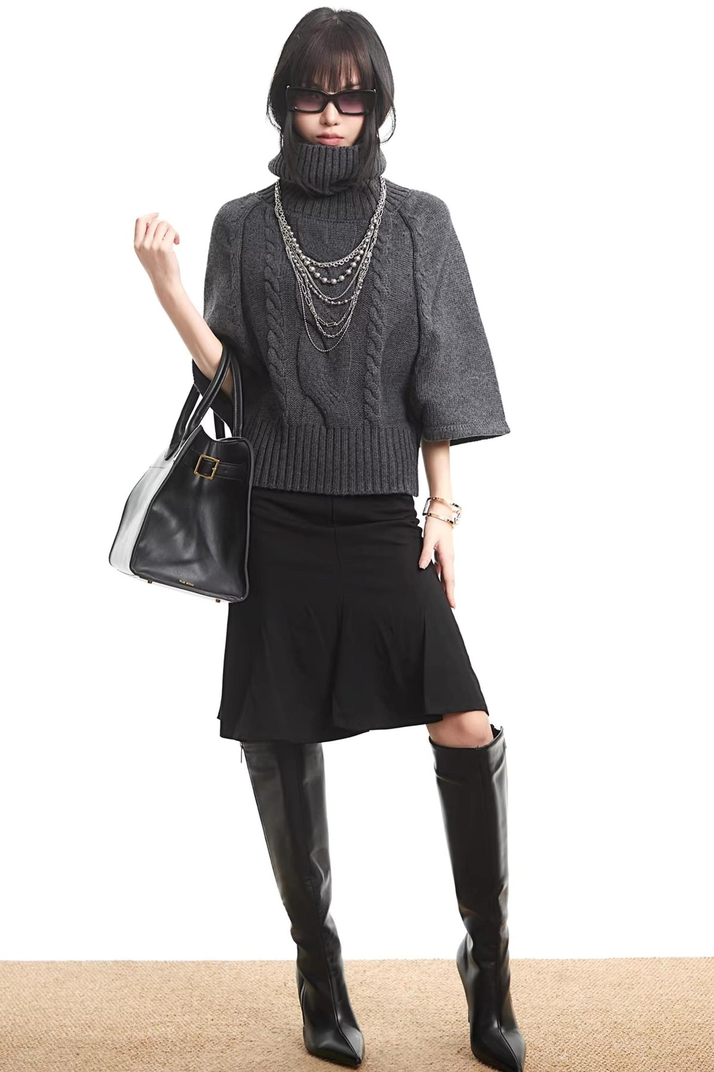 Black Pleated Fishtail Skirt