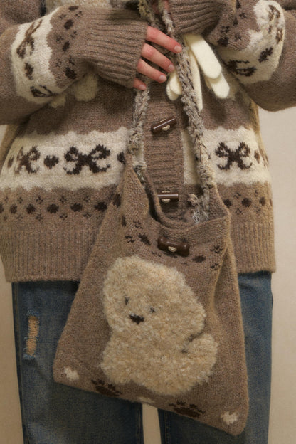 College Style Puppy Knit Shoulder Bag