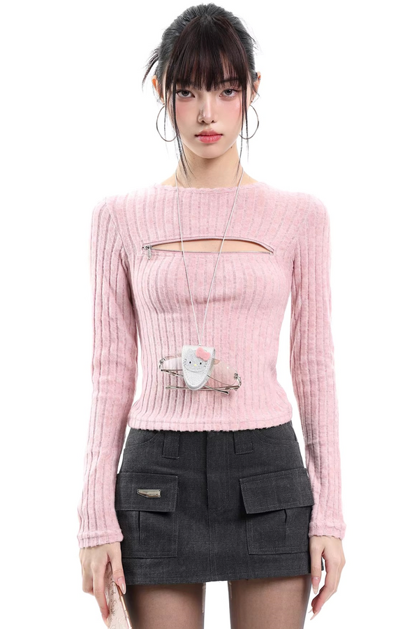 Gray Cut Out Knit Top