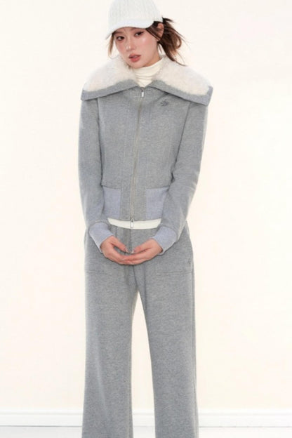 Lapel Fleece Slim Sweatshirt Jacket Set-Up