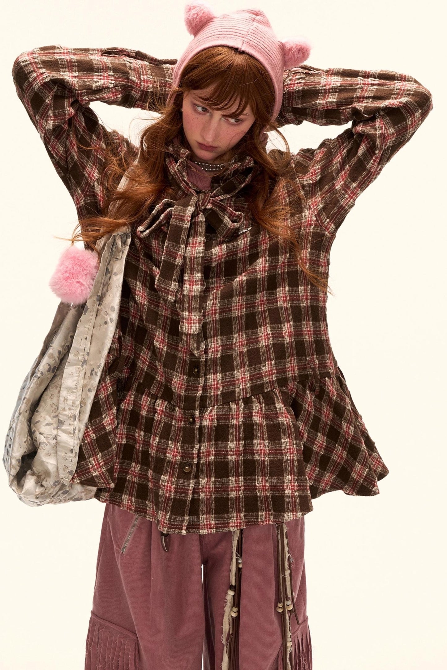 Bow Plaid Shirt Dress