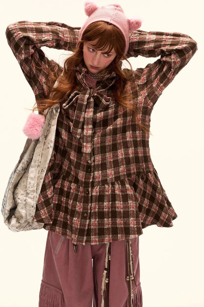 Bow Plaid Shirt Dress