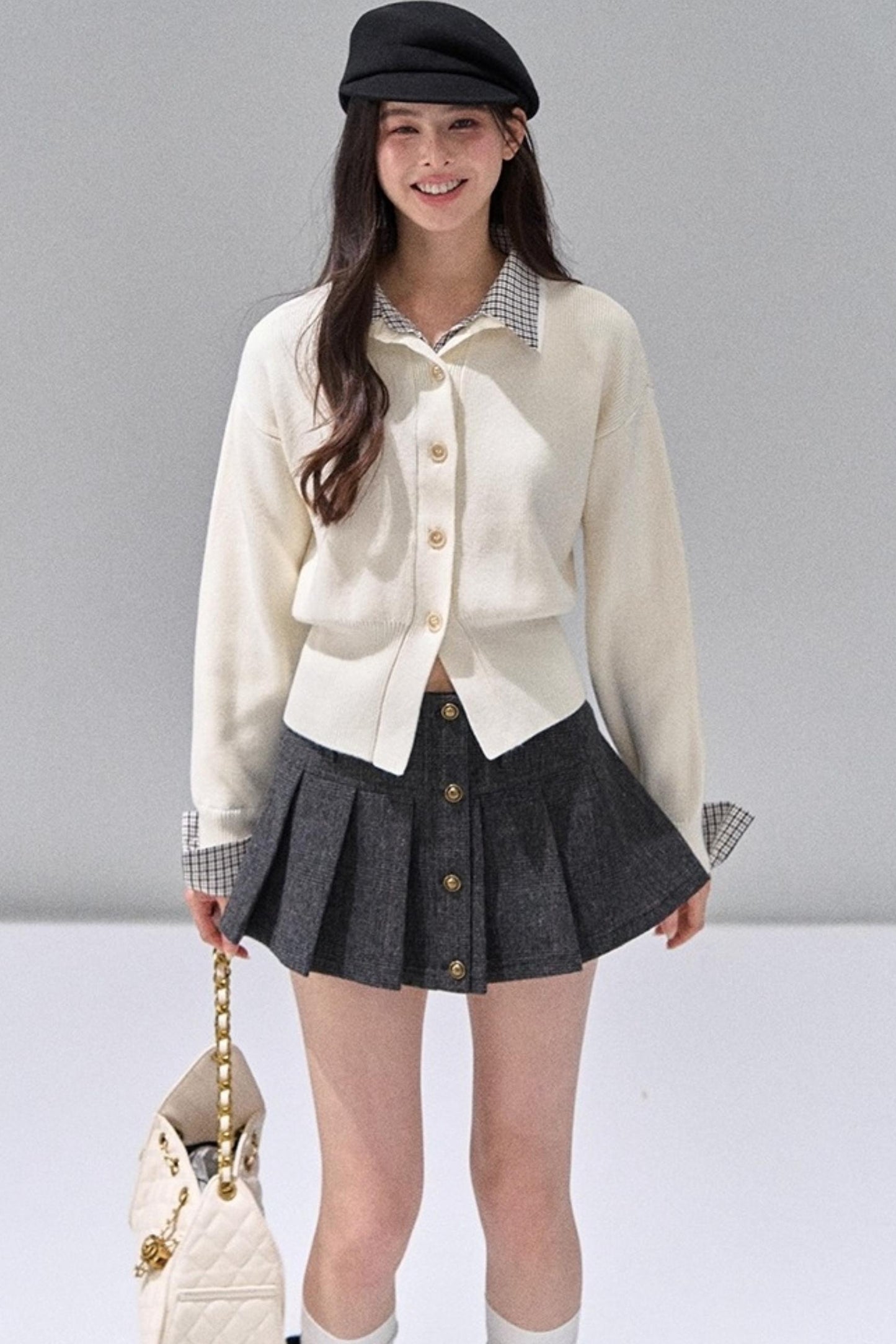 Fake Two Polo Lapel Sweater Skirt Set-Up