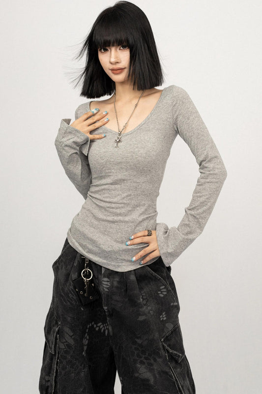 Autumn V-Neck Slim Black Top