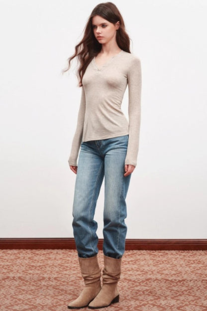 V-Neck High Slit Long Sleeve Slim Top