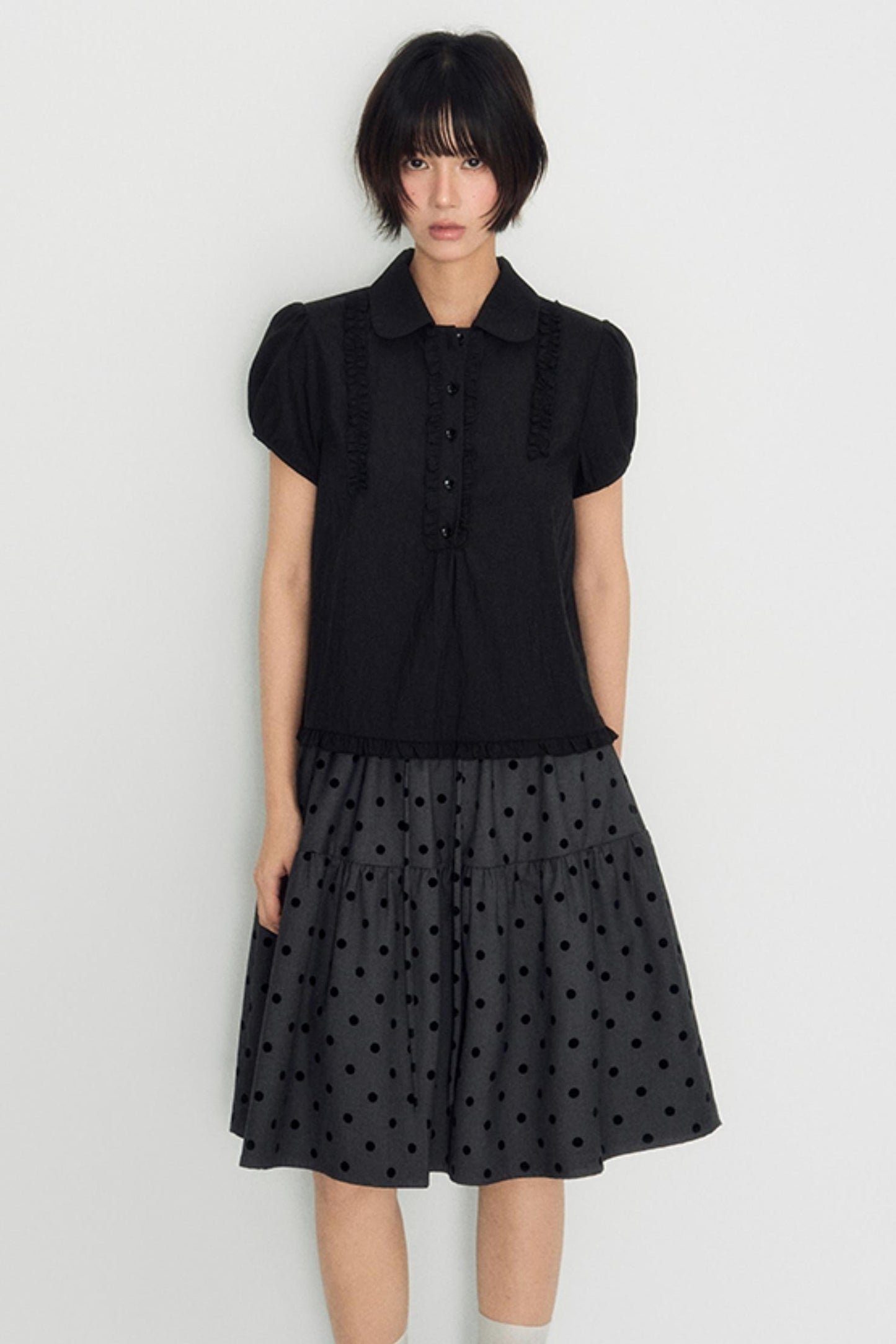 Flocked Polka Dot Umbrella Retro Skirt Set-Up