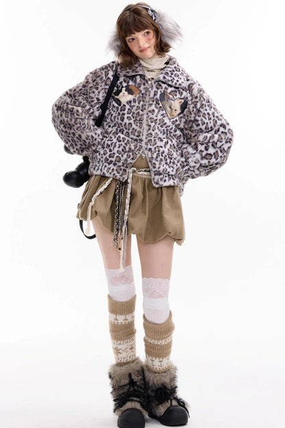 Winter Cat Print Fluffy Coat