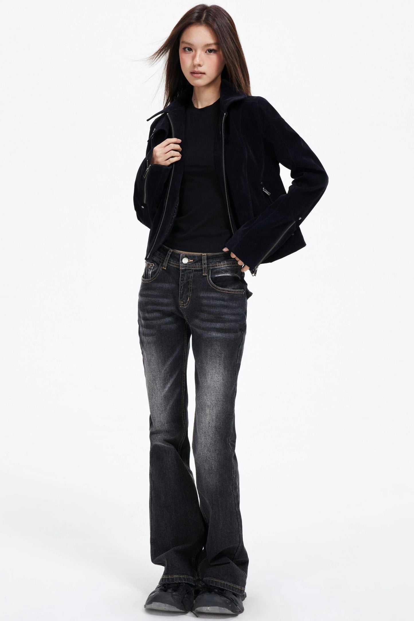 Slimming God Black Gray Denim Trousers