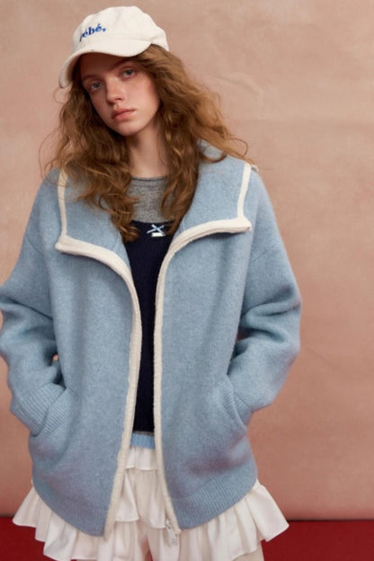 Hooded Cardigan With Contrasting Edges