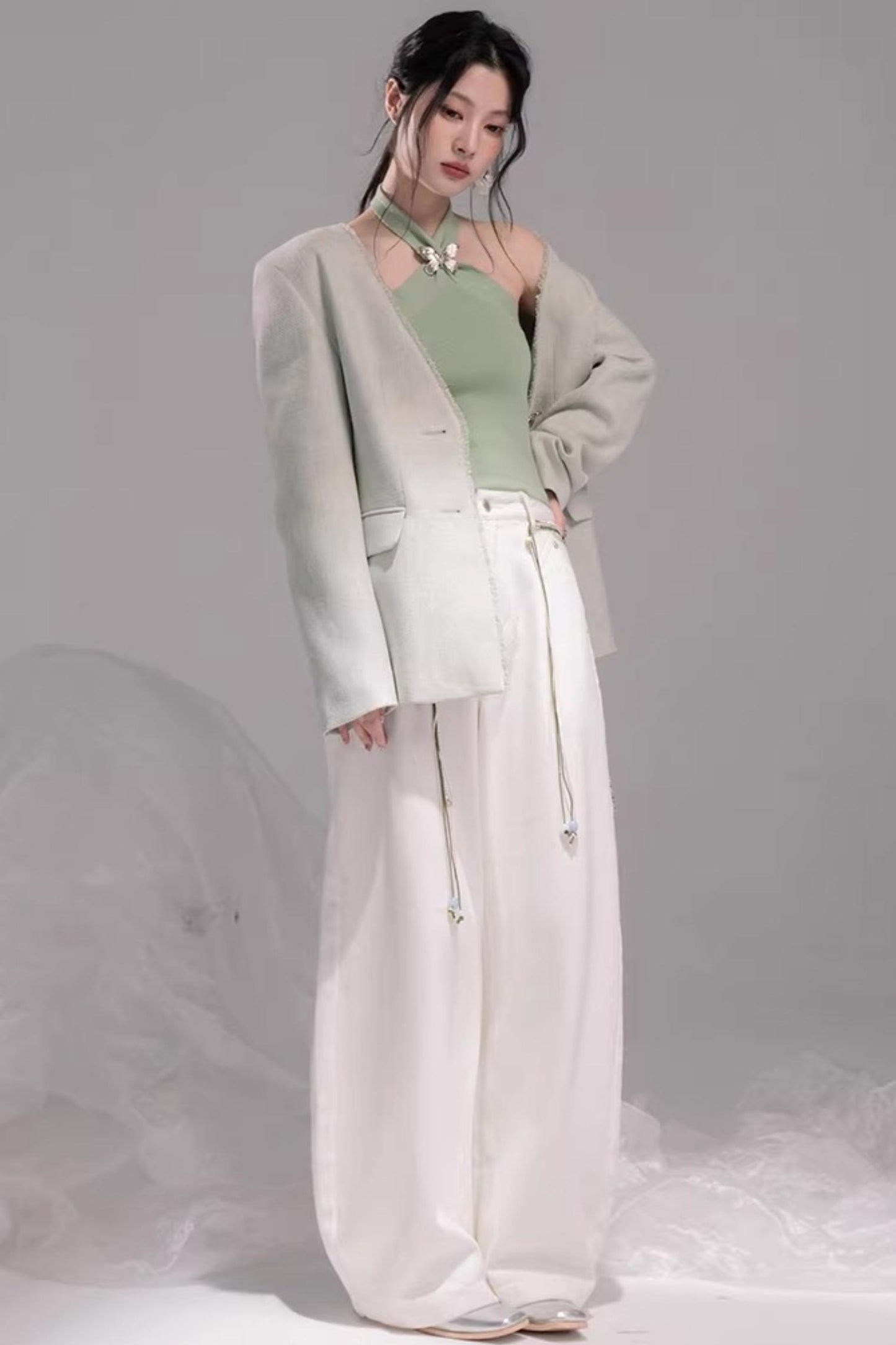 Ensemble Gilet Tricoté Vert Printemps