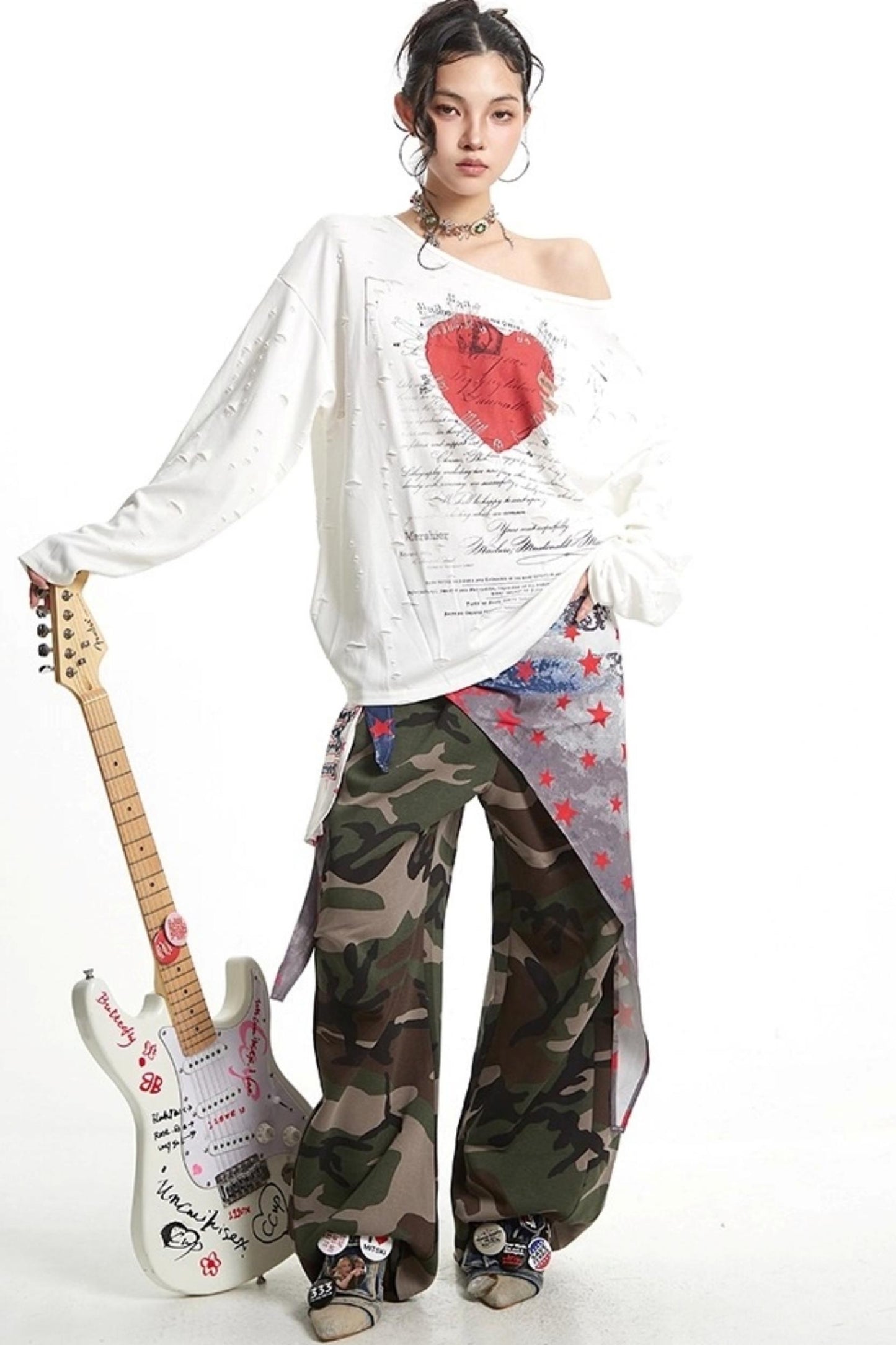 Vintage Love Print Slanted Shoulder T-Shirt