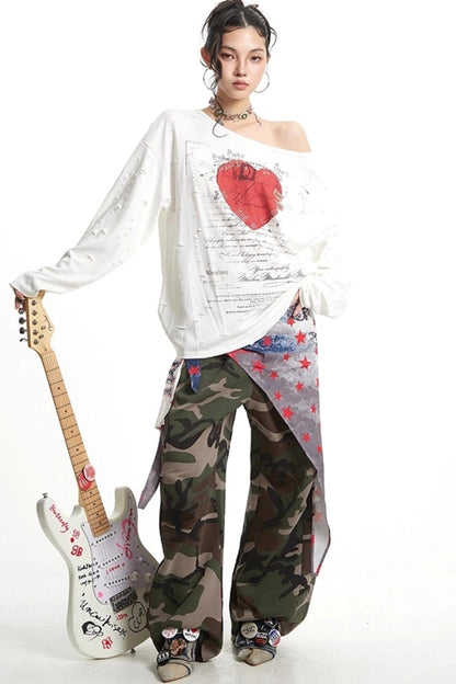 Vintage Love Print Slanted Shoulder T-Shirt