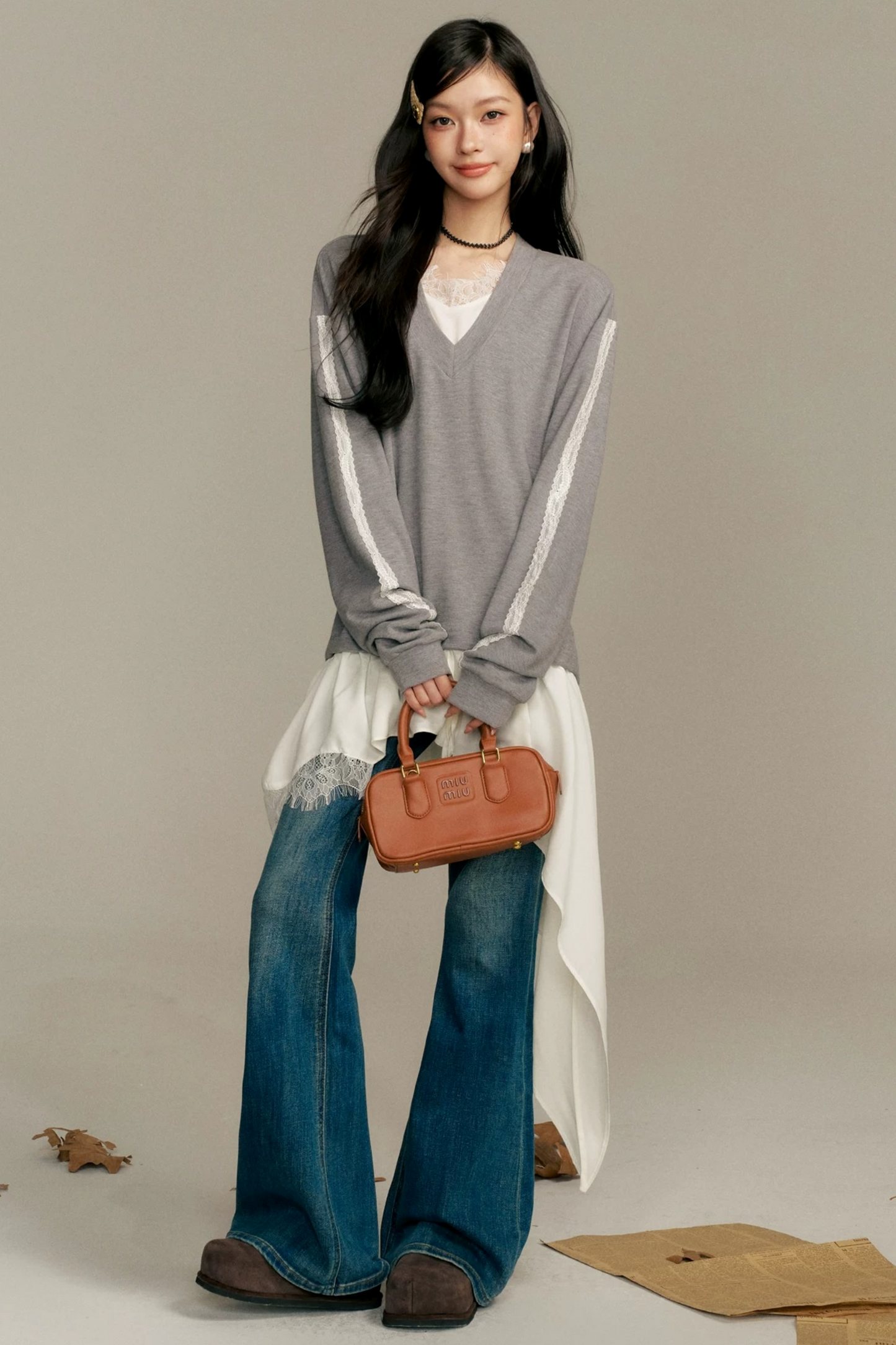 Asymmetric Hem V-Neck Sweatshirt