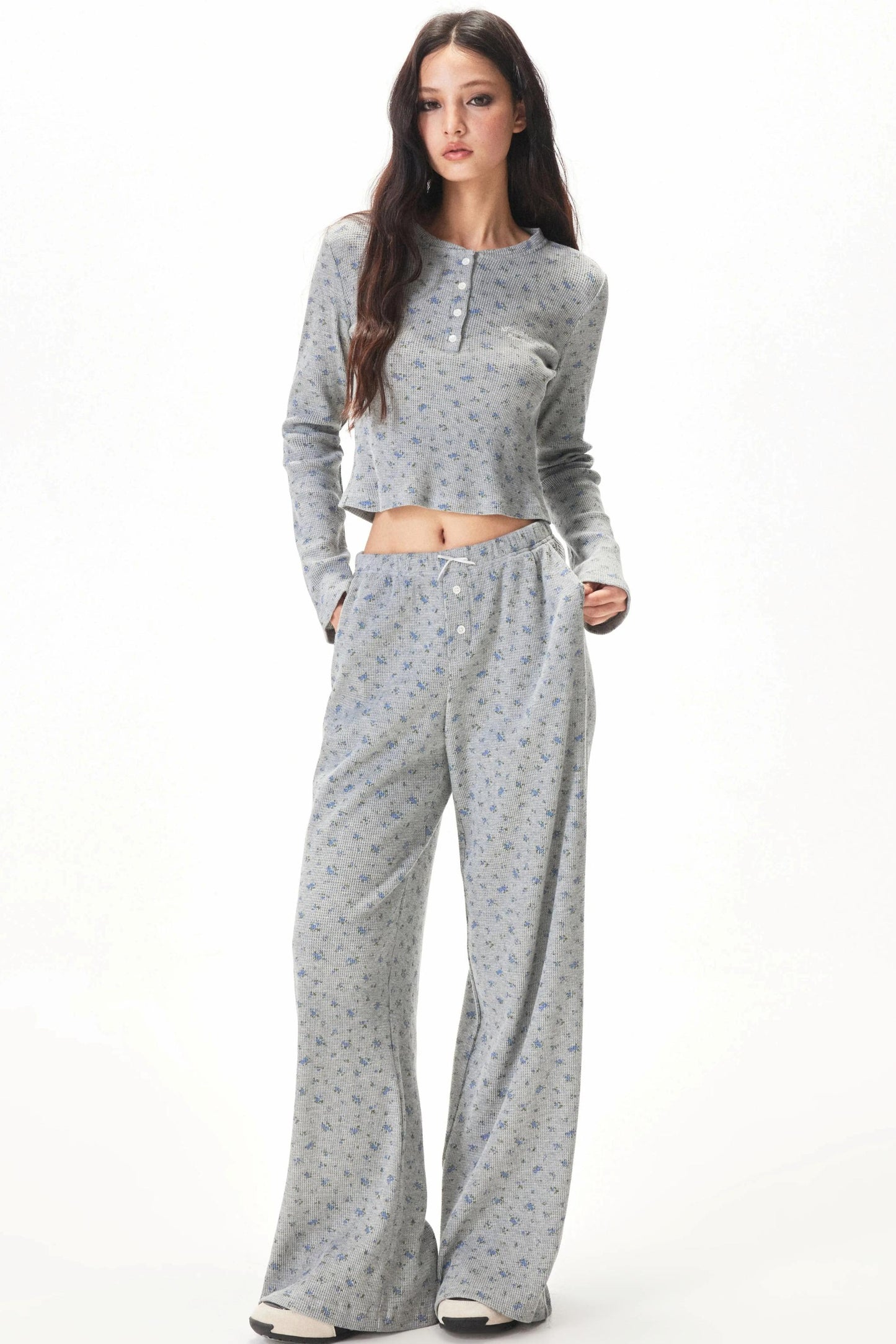 Floral Placket Blouse and Pants Set-Up