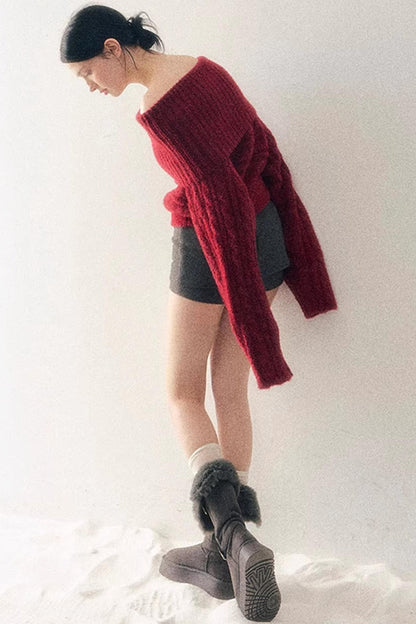 Off-Shoulder Cable Knit Sweater