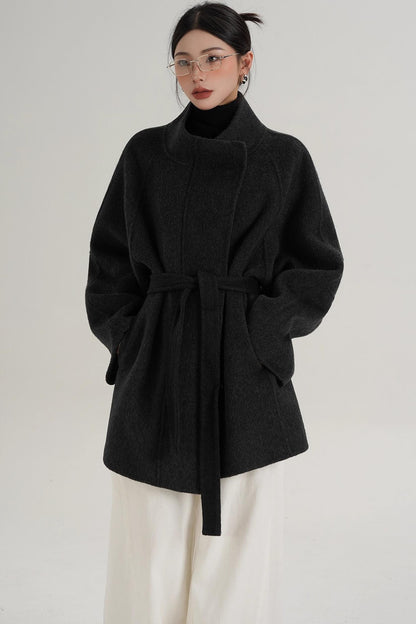 Elegant Woolen Lace-Up Coat