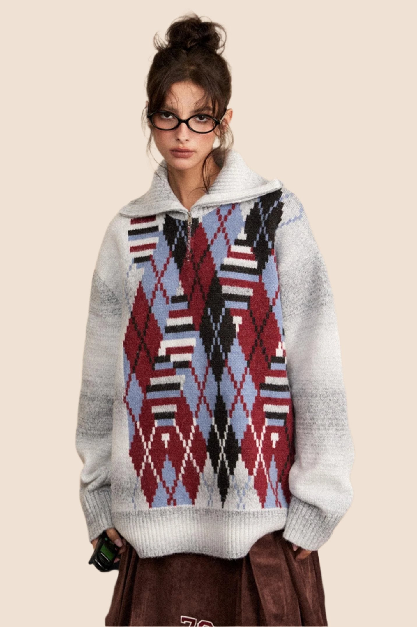 Retro Half Zip Contrasting Pullover Sweater