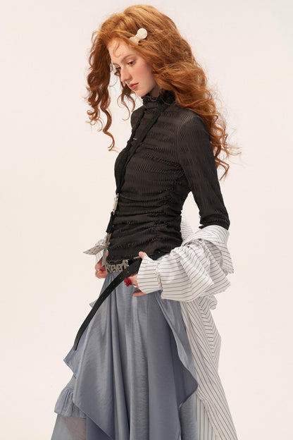 High-Neck Knitted Striped Slimming Shirt