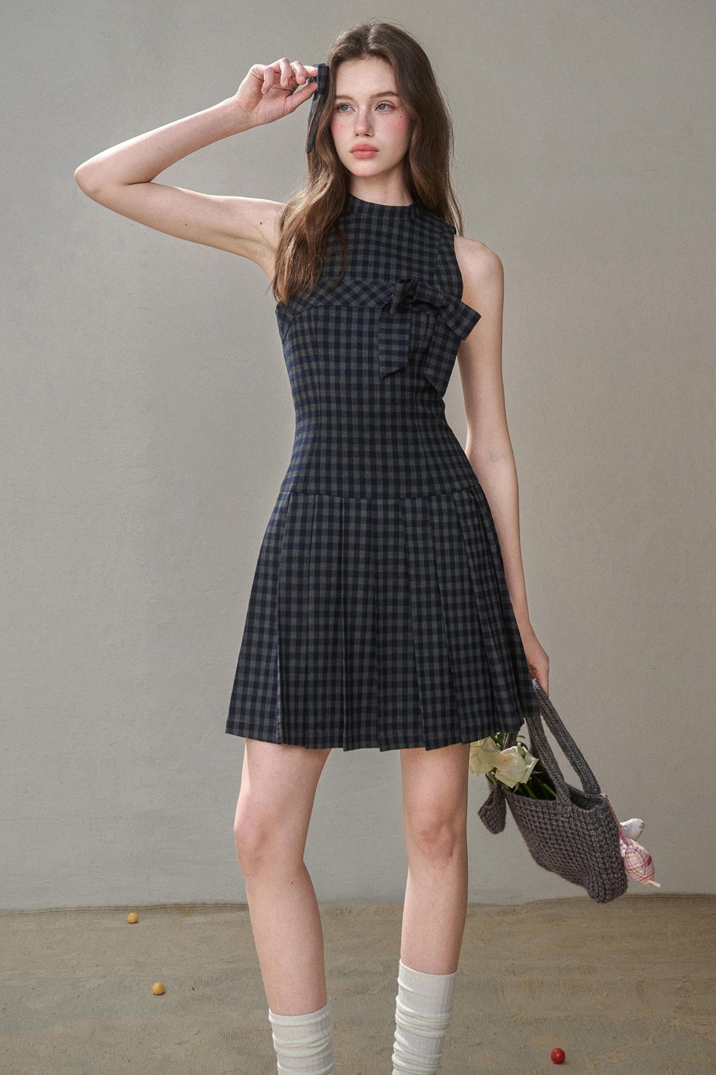 Elegant Bow Halterneck Check Pleated Dress