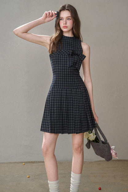 Elegant Bow Halterneck Check Pleated Dress