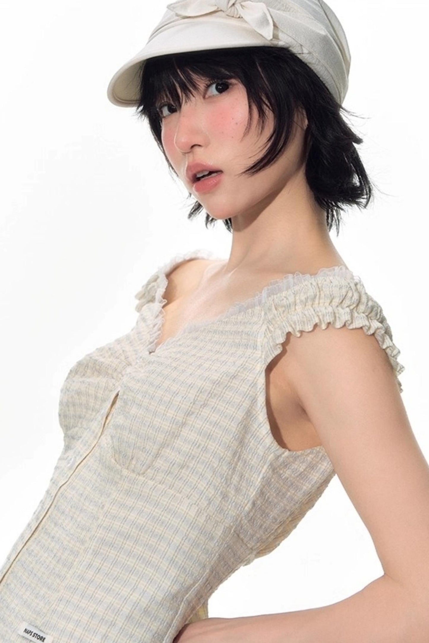 Checked Sleeveless One-Shoulder Shirt Set-Up