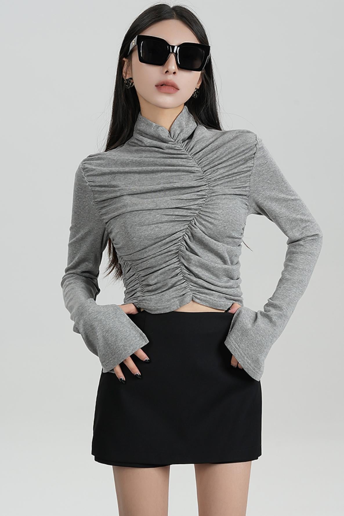 SRYSAME's fashionable design, pleated high-waisted base layer, T-shirt, long-sleeved top, autumn new women's wear