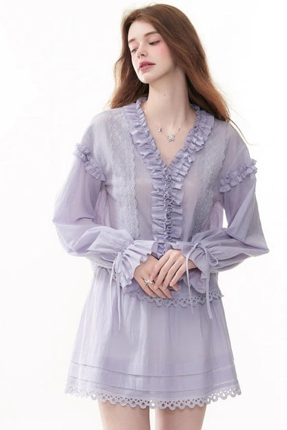 Chic Bubble Sleeve Shirt & Skirt Set-Up