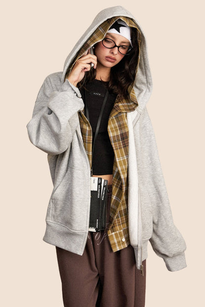 American Retro Gray Hooded Sweatshirt Cardigan