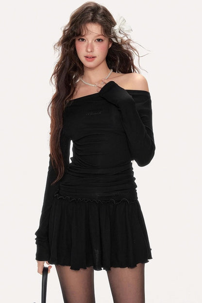 Gentle Embroidered One-Shoulder Top Skirt Set