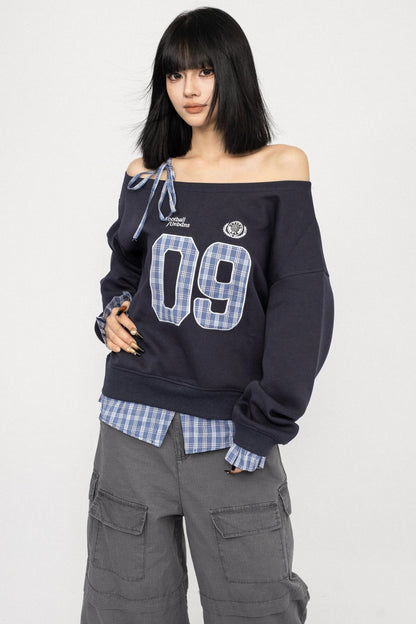 Vintage Plaid One-Shoulder Sweatshirt